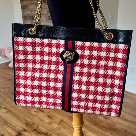 Red Checkered Tote Bag with Chain Straps - Picture 2 of 6
